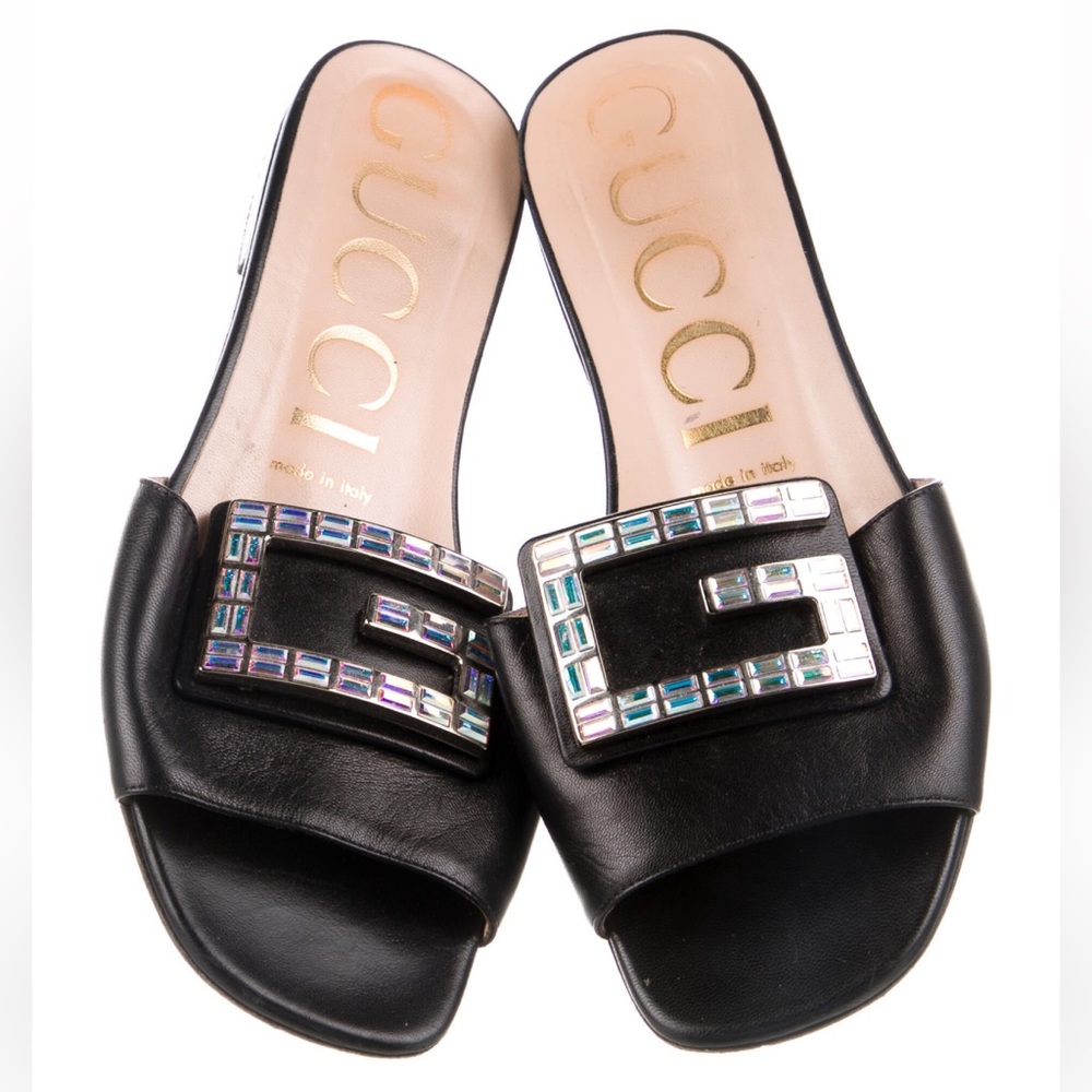 Gucci Leather Crystal Embellish Slides Sandals